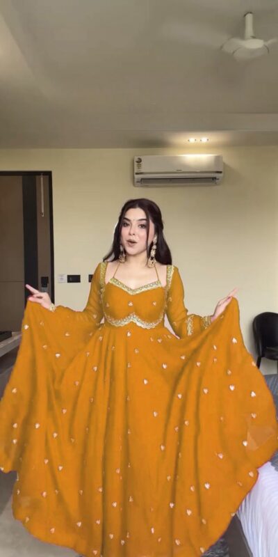 Yellow Georgette Sequence Gown | Gowns, Bollywood Gowns, Creative Gowns, Designer Gowns, Embroidered Gowns, Party Wear Gowns