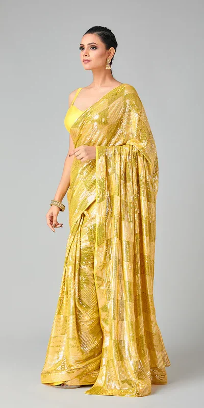 Yellow Georgette Sequins Work Saree | Sarees, Bollywood Sarees, Creative Sarees, Designer Sarees, Embroidered Sarees, Ethnic Saree, Modern Digital sarees, Party Wear Sarees