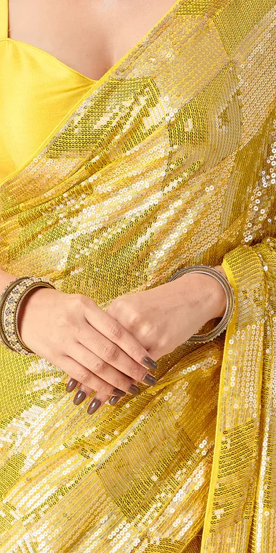 Yellow Georgette Sequins Work Saree | Sarees, Bollywood Sarees, Creative Sarees, Designer Sarees, Embroidered Sarees, Ethnic Saree, Modern Digital sarees, Party Wear Sarees