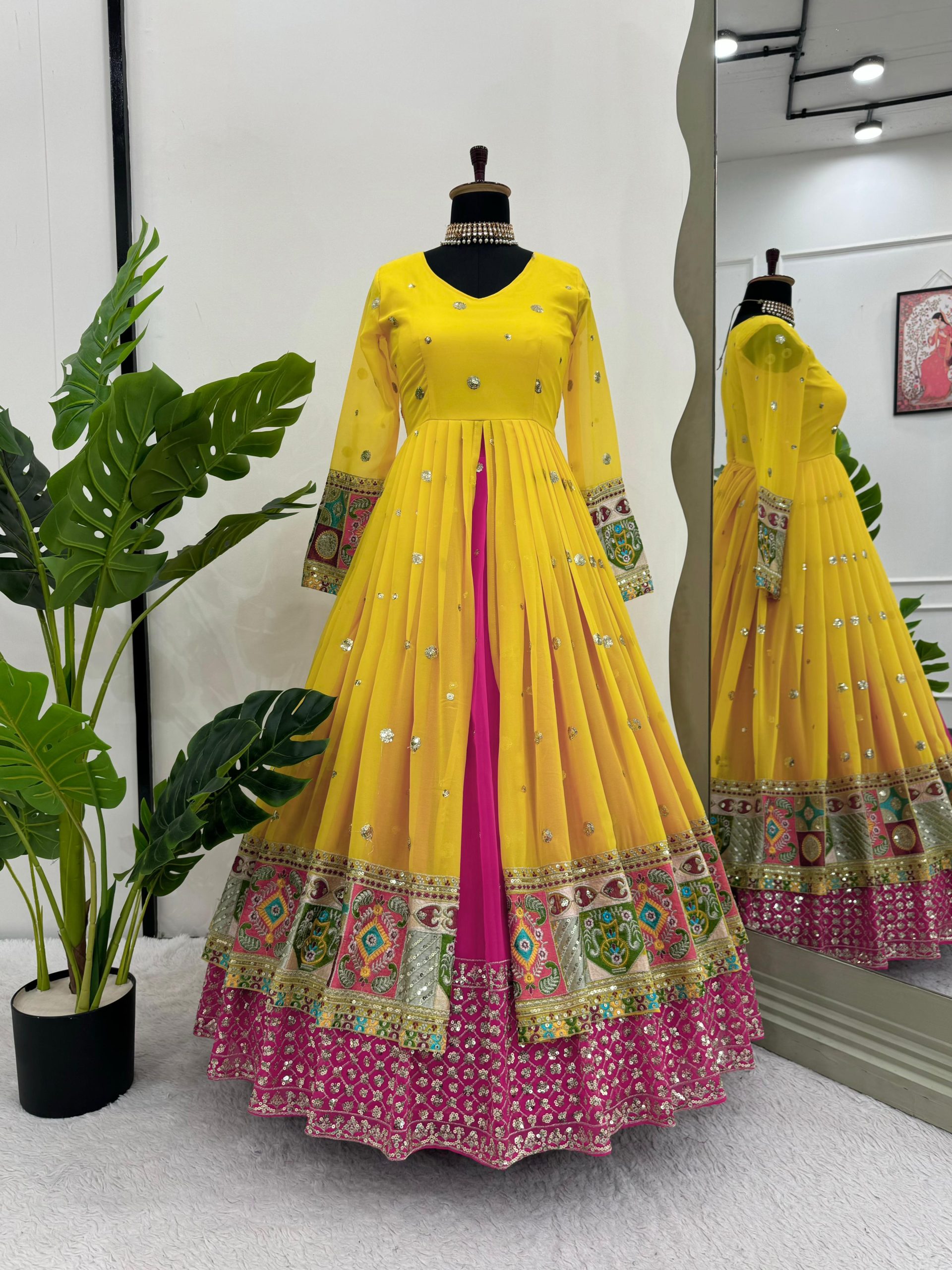 Yellow Georgette Thread Sequence Lehenga Choli | Lehenga, Bollywood Lehenga, Creative Lehenga, Designer Lehenga, Embroidered Lehenga, Party Wear Lehenga
