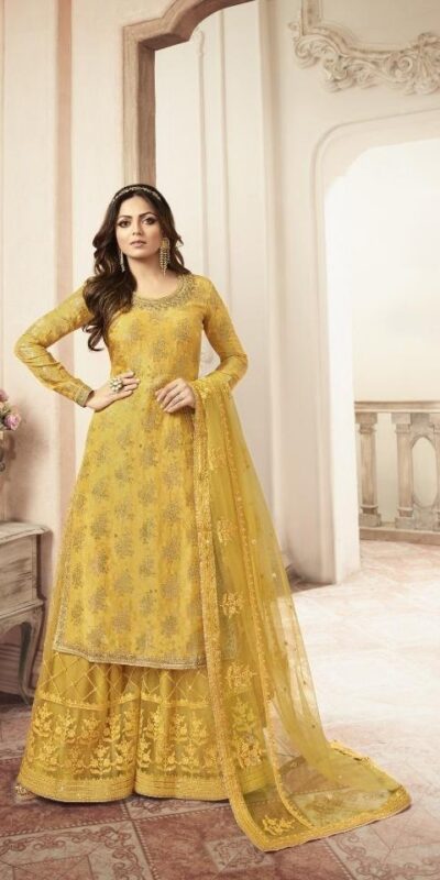 Yellow Jacquard Silk Georgette Diamond Sharara Suit | Jump Suits, Salwar suit, Casual Suits, Creative suits, Designer Suits, Palazzo Suits, Party Wear Suits, Patiala Suits, Straight Suits