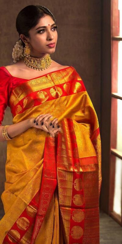 Yellow Lichi Silk With Jacquard Lace Work Saree | Sarees, Bollywood Sarees, Creative Sarees, Designer Sarees, Embroidered Sarees, Ethnic Saree, Modern Digital sarees, Party Wear Sarees
