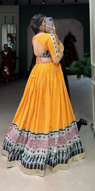 Yellow Rayon Ajarakh Print Lehenga Choli | Lehenga, Bollywood Lehenga, Creative Lehenga, Designer Lehenga, Embroidered Lehenga, Party Wear Lehenga