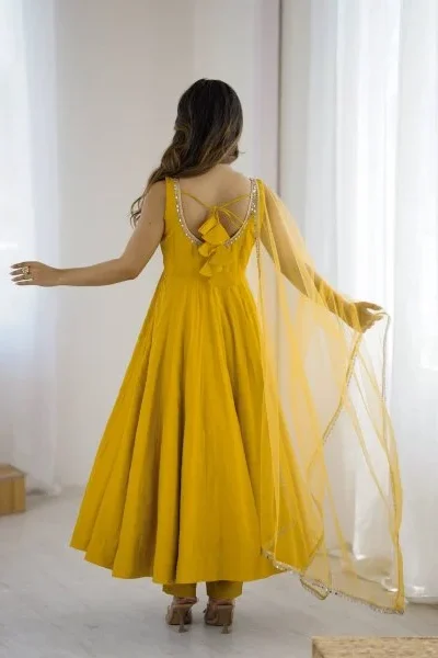 Yellow Roman Silk Chanderi Mirror Work Gown | Jump Suits, Salwar suit, Casual Suits, Creative suits, Designer Suits, Palazzo Suits, Party Wear Suits, Patiala Suits, Straight Suits