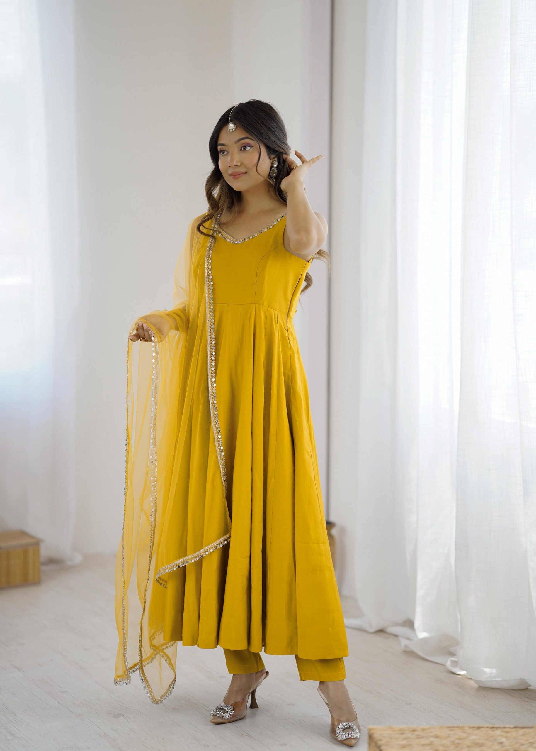 Yellow Roman Silk Chanderi Mirror Work Gown | Jump Suits, Salwar suit, Casual Suits, Creative suits, Designer Suits, Palazzo Suits, Party Wear Suits, Patiala Suits, Straight Suits