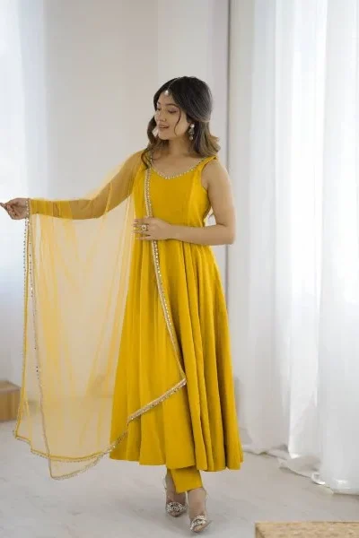 Yellow Roman Silk Chanderi Mirror Work Gown | Jump Suits, Salwar suit, Casual Suits, Creative suits, Designer Suits, Palazzo Suits, Party Wear Suits, Patiala Suits, Straight Suits