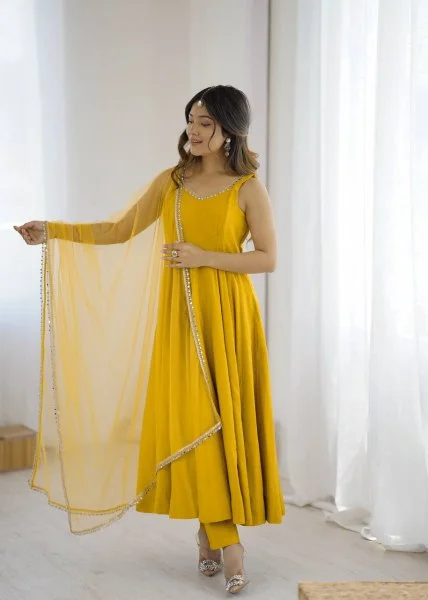 Yellow Roman Silk Chanderi Mirror Work Gown | Jump Suits, Salwar suit, Casual Suits, Creative suits, Designer Suits, Palazzo Suits, Party Wear Suits, Patiala Suits, Straight Suits
