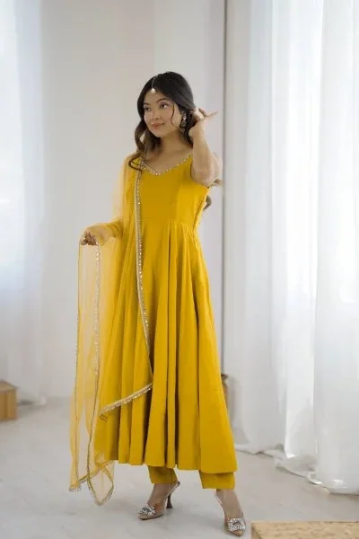 Yellow Roman Silk Chanderi Mirror Work Gown | Jump Suits, Salwar suit, Casual Suits, Creative suits, Designer Suits, Palazzo Suits, Party Wear Suits, Patiala Suits, Straight Suits