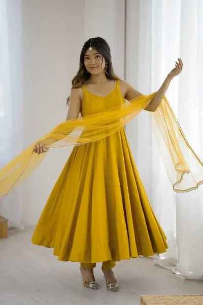 Yellow Roman Silk Chanderi Mirror Work Gown | Jump Suits, Salwar suit, Casual Suits, Creative suits, Designer Suits, Palazzo Suits, Party Wear Suits, Patiala Suits, Straight Suits