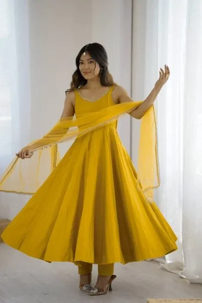 Yellow Roman Silk Chanderi Mirror Work Gown | Jump Suits, Salwar suit, Casual Suits, Creative suits, Designer Suits, Palazzo Suits, Party Wear Suits, Patiala Suits, Straight Suits