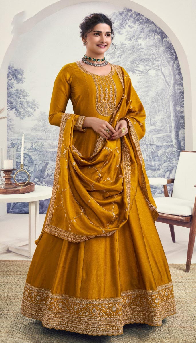 Yellow Silk Georgette with Embroidery Work Anarkal Suit | Anarkali Suits, Bollywood Anarkali, Creative-Anarkali, Designer Anarkali, Embroidered Anarkali, Party Wear Anarkali