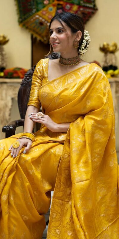 Yellow Soft Litchi Silk All Over Weaving Saree | Sarees, Bollywood Sarees, Creative Sarees, Designer Sarees, Embroidered Sarees, Ethnic Saree, Modern Digital sarees, Party Wear Sarees