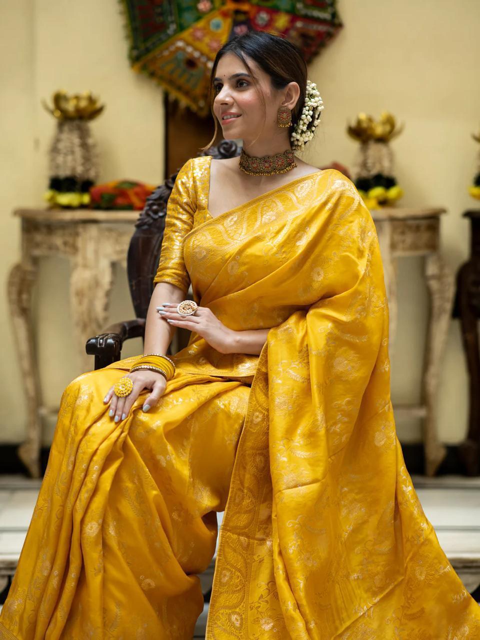 Yellow Soft Litchi Silk All Over Weaving Saree | Sarees, Bollywood Sarees, Creative Sarees, Designer Sarees, Embroidered Sarees, Ethnic Saree, Modern Digital sarees, Party Wear Sarees