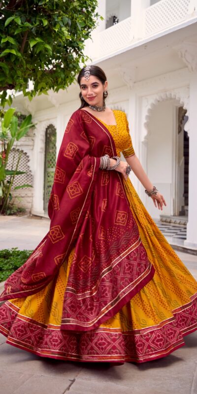 Yellow Tasar Silk Bandhej Print Lehenga Choli | Lehenga, Bollywood Lehenga, Creative Lehenga, Designer Lehenga, Embroidered Lehenga, Party Wear Lehenga