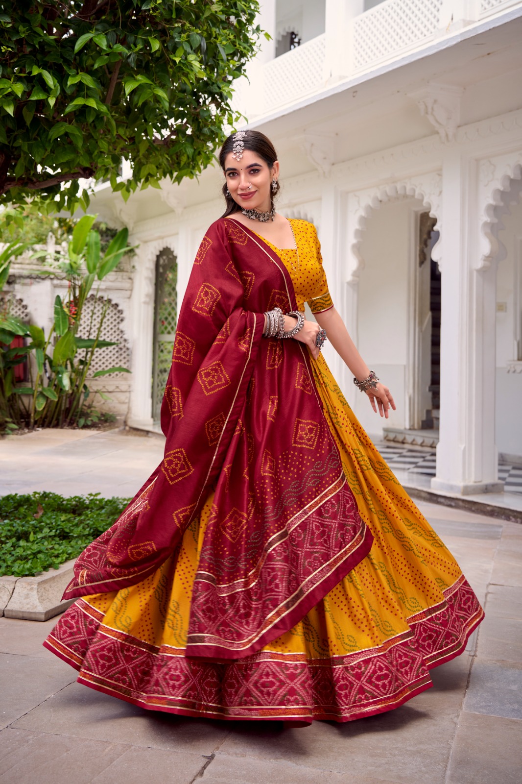Yellow Tasar Silk Bandhej Print Lehenga Choli | Lehenga, Bollywood Lehenga, Creative Lehenga, Designer Lehenga, Embroidered Lehenga, Party Wear Lehenga