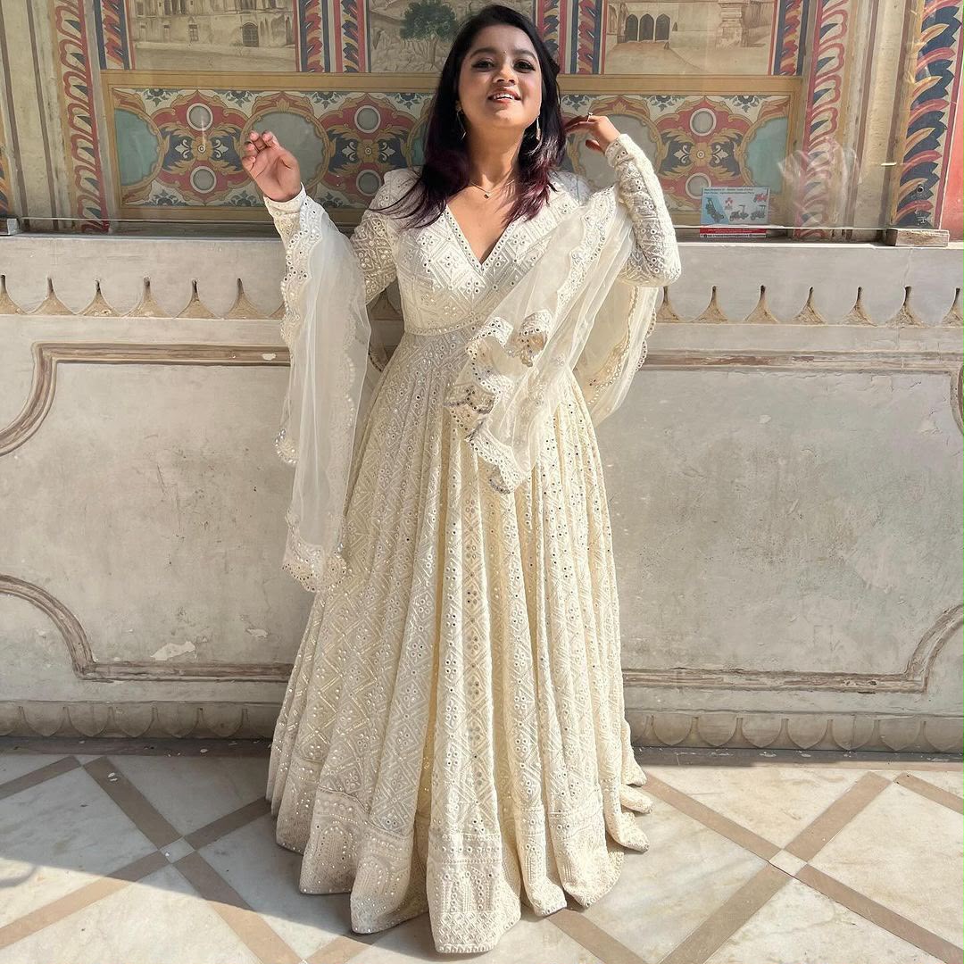ZB 5029 White Fox Georgette Gown Perfect for Wedding, Party, Makar Sankranti, Festival Celebrations, Engagement –. Grab it for ₹2549. Delivery 4-6 Worki | Gowns, Bollywood Gowns, Creative Gowns, Designer Gowns, Embroidered Gowns, Party Wear Gowns