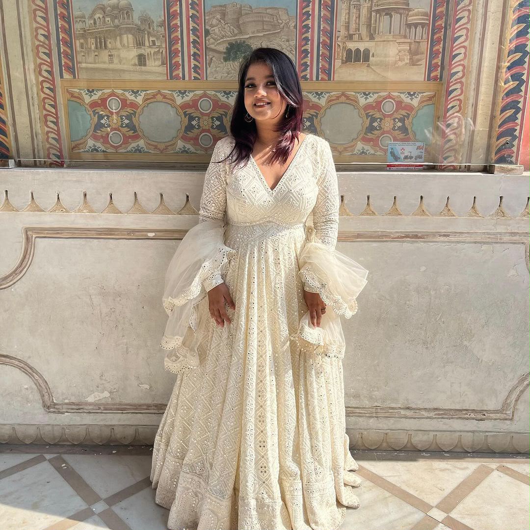 ZB 5029 White Fox Georgette Gown Perfect for Wedding, Party, Makar Sankranti, Festival Celebrations, Engagement –. Grab it for ₹2549. Delivery 4-6 Worki | Gowns, Bollywood Gowns, Creative Gowns, Designer Gowns, Embroidered Gowns, Party Wear Gowns