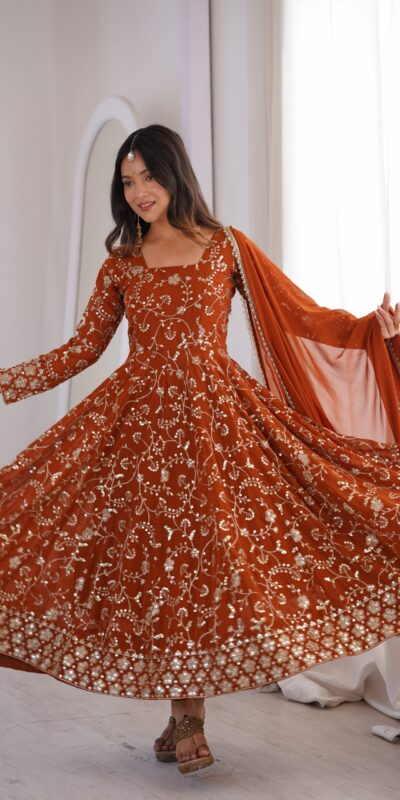ZF 5024 Rust Fox Perfect for Wedding, Party, Durga Puja, Diwali, Anniversary –Georgette Gown. Now at just ₹2399. Delivery 4-6 Working Days. Shop now. | Gowns, Bollywood Gowns, Creative Gowns, Designer Gowns, Embroidered Gowns, Party Wear Gowns