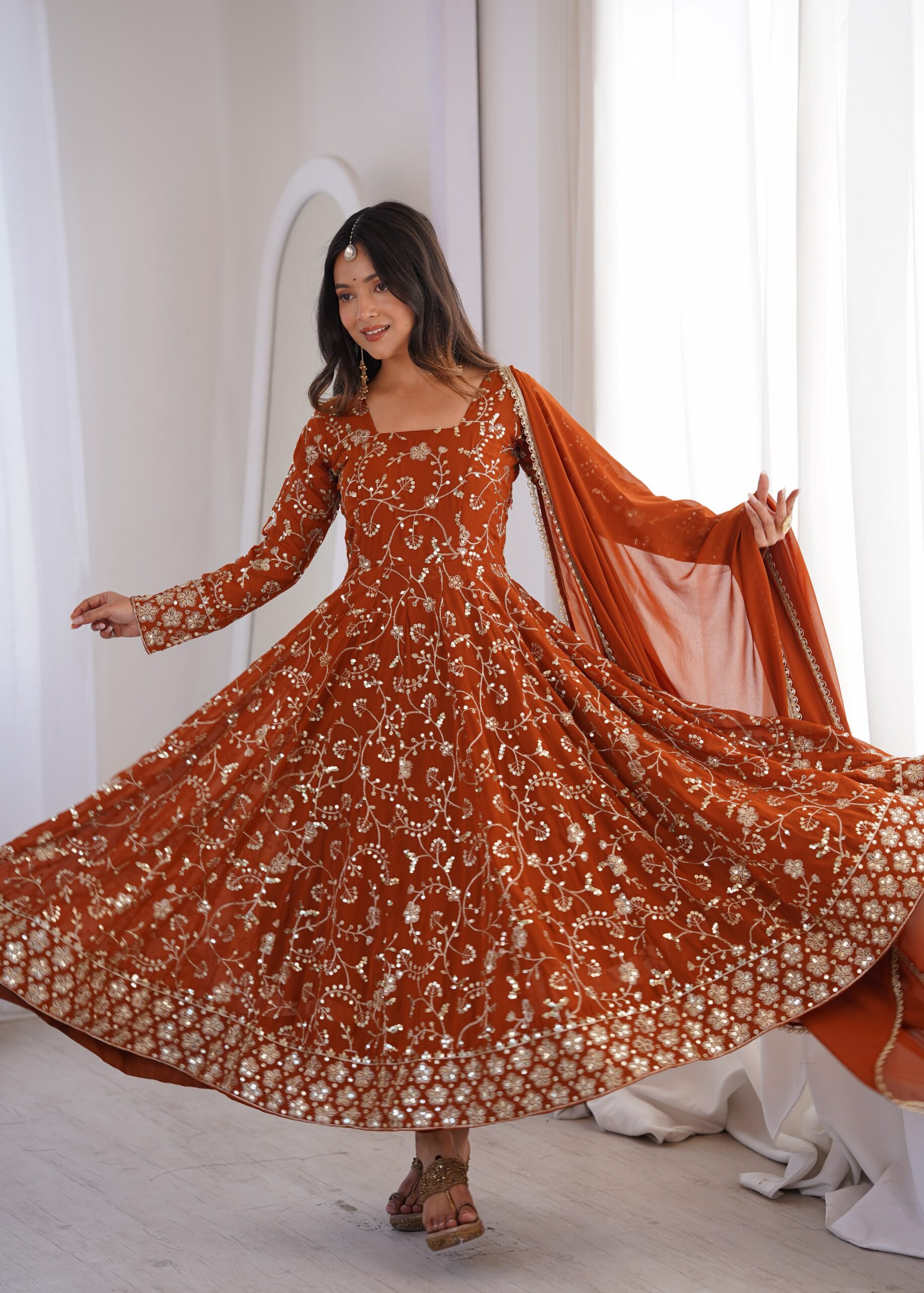 ZF 5024 Rust Fox Perfect for Wedding, Party, Durga Puja, Diwali, Anniversary –Georgette Gown. Now at just ₹2399. Delivery 4-6 Working Days. Shop now. | Gowns, Bollywood Gowns, Creative Gowns, Designer Gowns, Embroidered Gowns, Party Wear Gowns