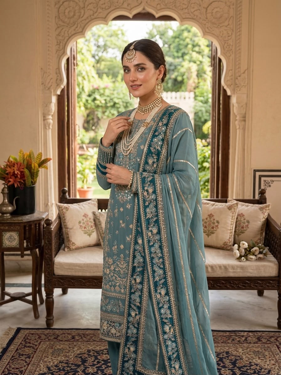 ZSR 3175 Blue Fox Georgette Salwar Suit with Embroidery Work & Sequins Work. Grab it for ₹2399. Delivery 4-6 Working Days. Shop now. | Jump Suits, Salwar suit, Casual Suits, Creative suits, Designer Suits, Palazzo Suits, Party Wear Suits, Patiala Suits, Straight Suits