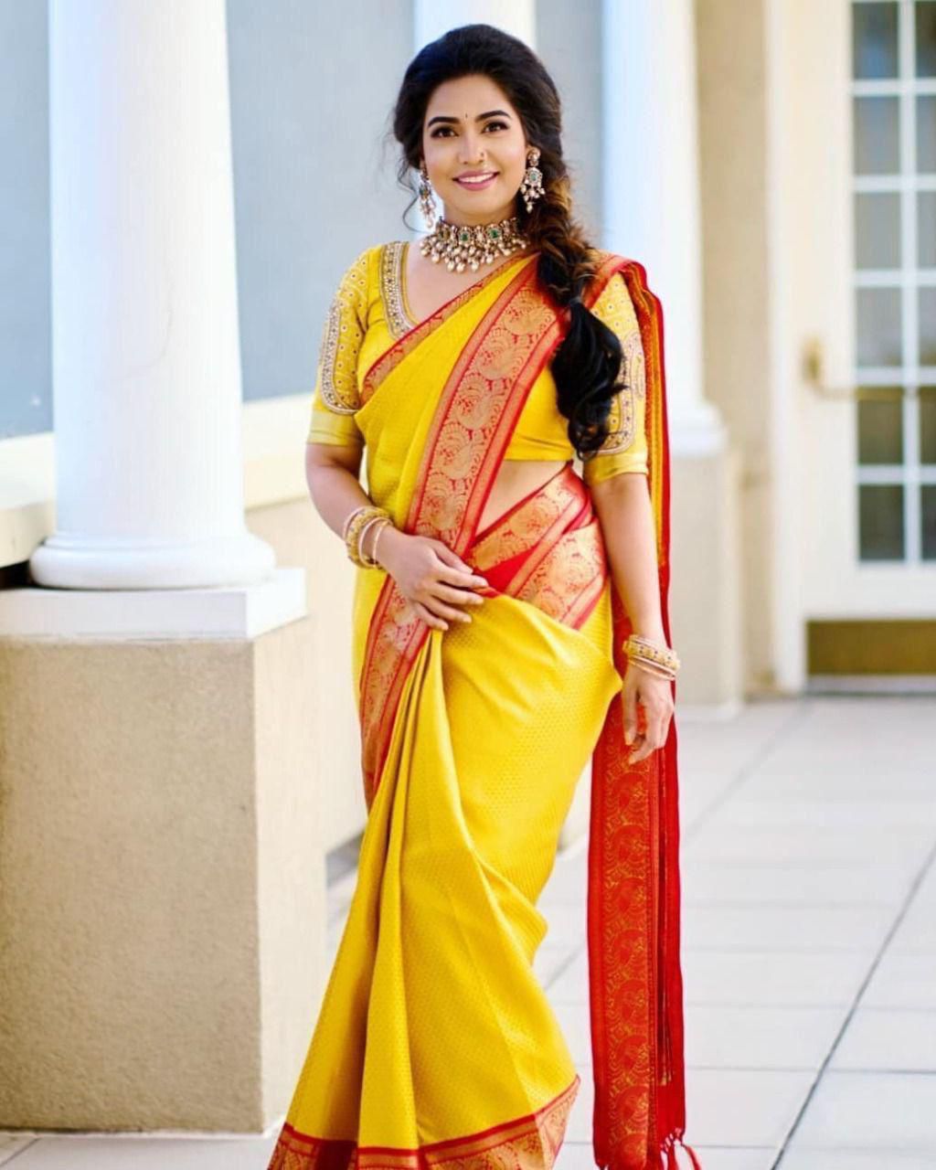 KP 2092 Yellow Color Yellow Soft Lichi Silk Saree with Jacquard Work. Best Price ₹1449. Delivery 4-6 Working Days. Shop now. | Sarees, Bollywood Sarees, Creative Sarees, Designer Sarees, Embroidered Sarees, Ethnic Saree, Modern Digital sarees, Party Wear Sarees