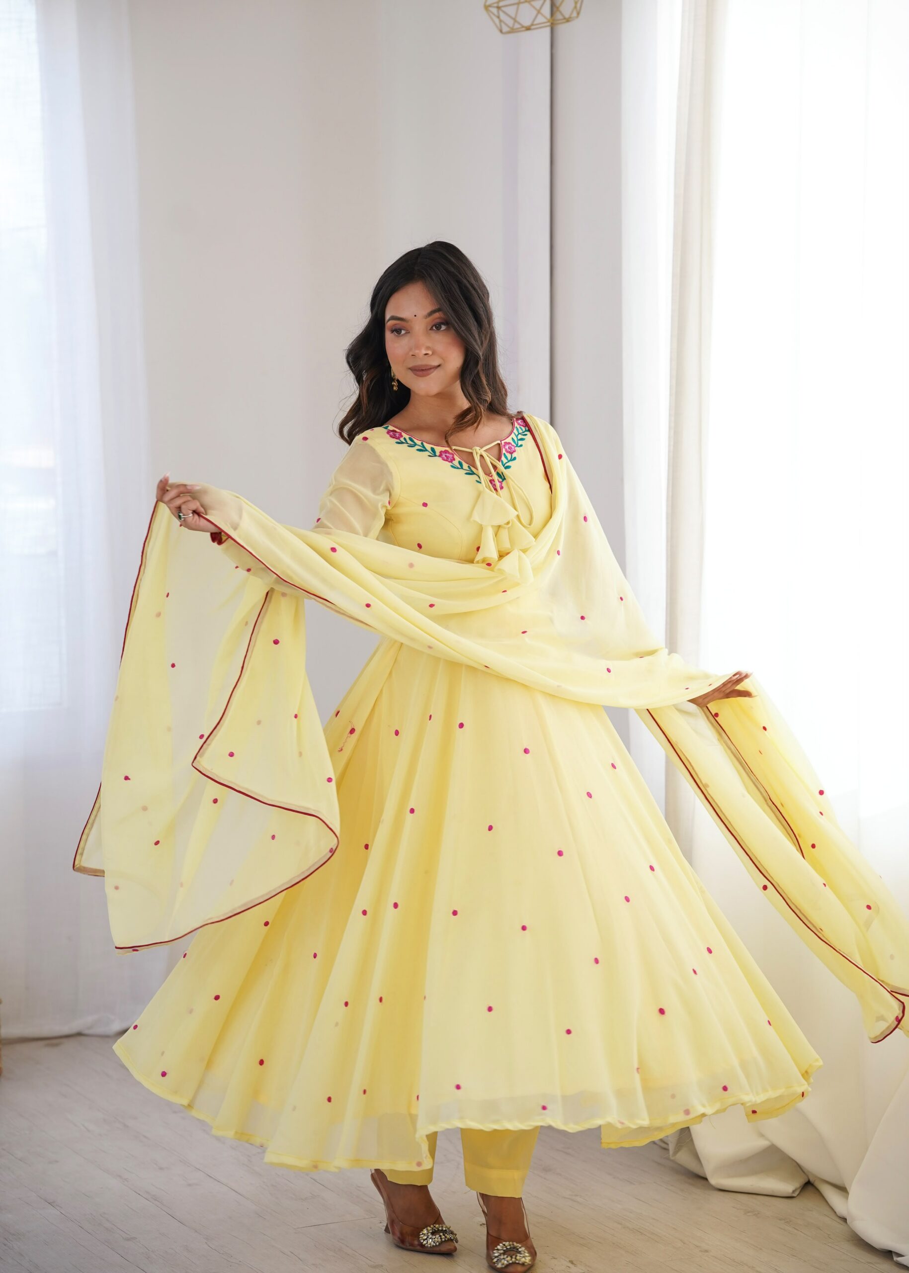 SP 82 Yellow in Heavy Faux Georgette Embroidery Work Salwar Suit . Introductory Price ₹1999. Delivery 4-6 Working Days. Shop now. | Anarkali Suits, Bollywood Anarkali, Creative-Anarkali, Designer Anarkali, Embroidered Anarkali, Party Wear Anarkali