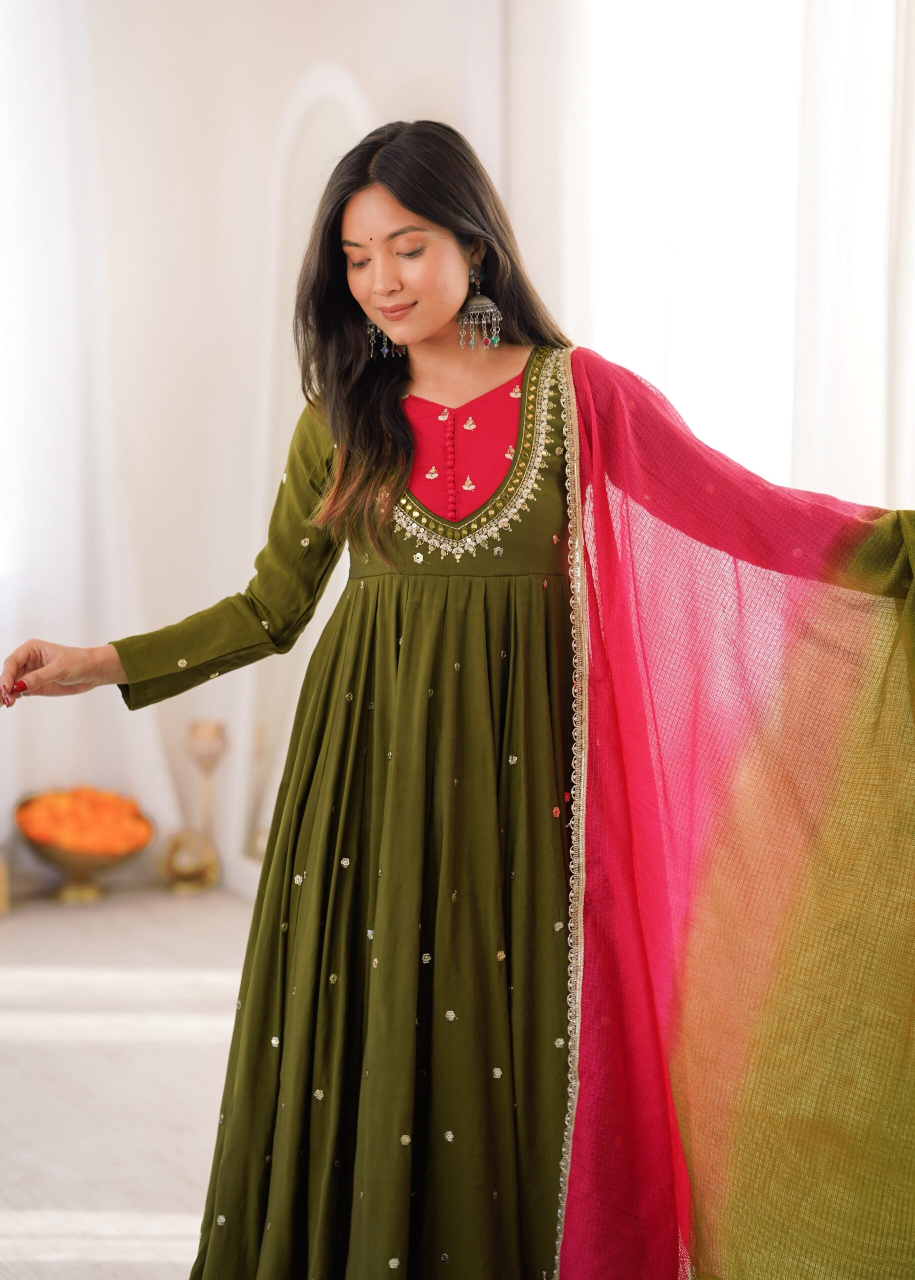 ZF 5023 Mehandi Roman Silk Gown with Mirror Work & Embroidery Work. Special Price ₹2099. Delivery 4-6 Working Days. Shop now. | Gowns, Bollywood Gowns, Creative Gowns, Designer Gowns, Embroidered Gowns, Party Wear Gowns
