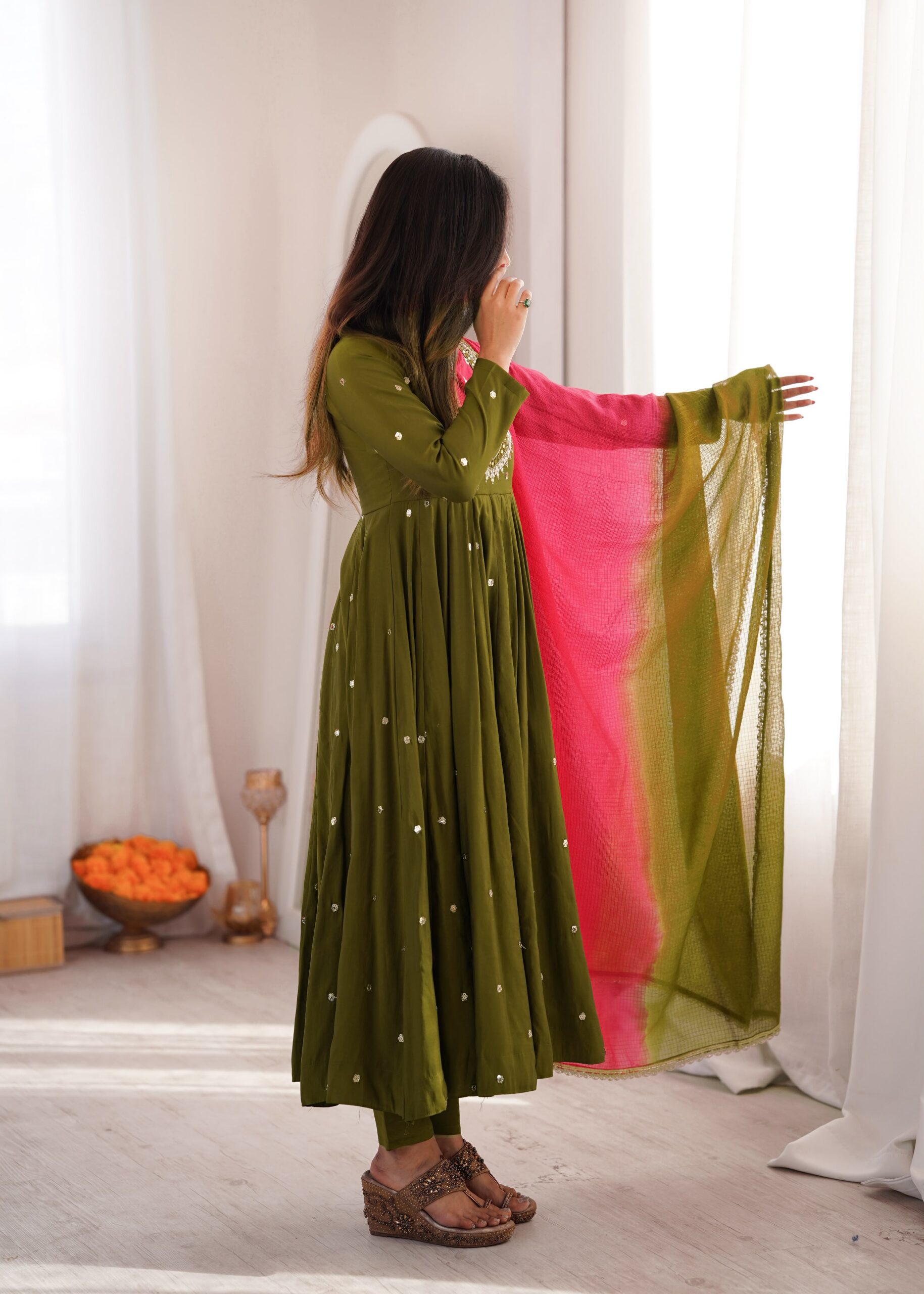 ZF 5023 Mehandi Roman Silk Gown with Mirror Work & Embroidery Work. Special Price ₹2099. Delivery 4-6 Working Days. Shop now. | Gowns, Bollywood Gowns, Creative Gowns, Designer Gowns, Embroidered Gowns, Party Wear Gowns