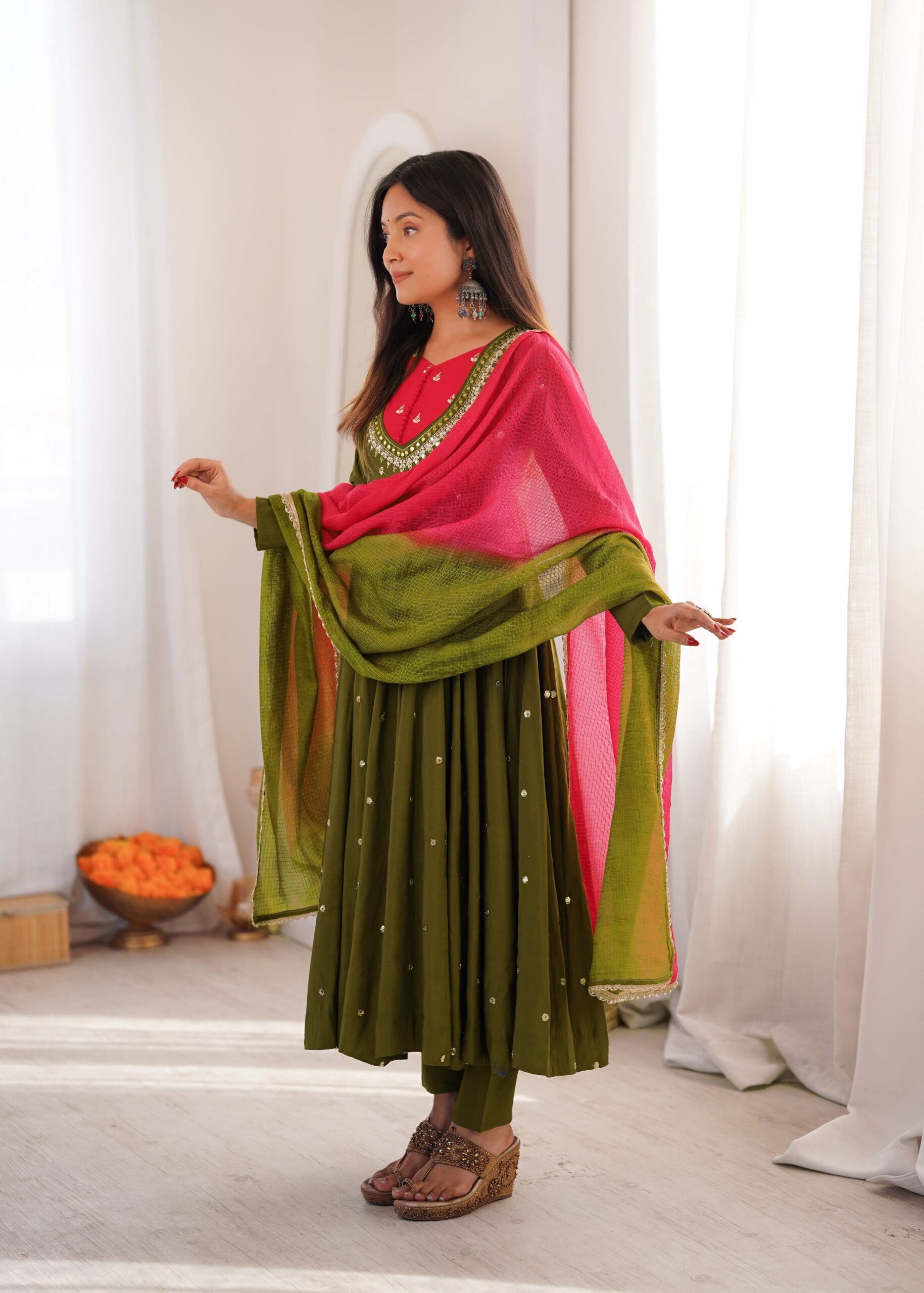 ZF 5023 Mehandi Roman Silk Gown with Mirror Work & Embroidery Work. Special Price ₹2099. Delivery 4-6 Working Days. Shop now. | Gowns, Bollywood Gowns, Creative Gowns, Designer Gowns, Embroidered Gowns, Party Wear Gowns