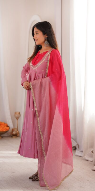 ZF 5023 Pink Roman Silk Gown with Mirror Work & Embroidery Work. Special Price ₹2099. Delivery 4-6 Working Days. Shop now. | Gowns, Bollywood Gowns, Creative Gowns, Designer Gowns, Embroidered Gowns, Party Wear Gowns