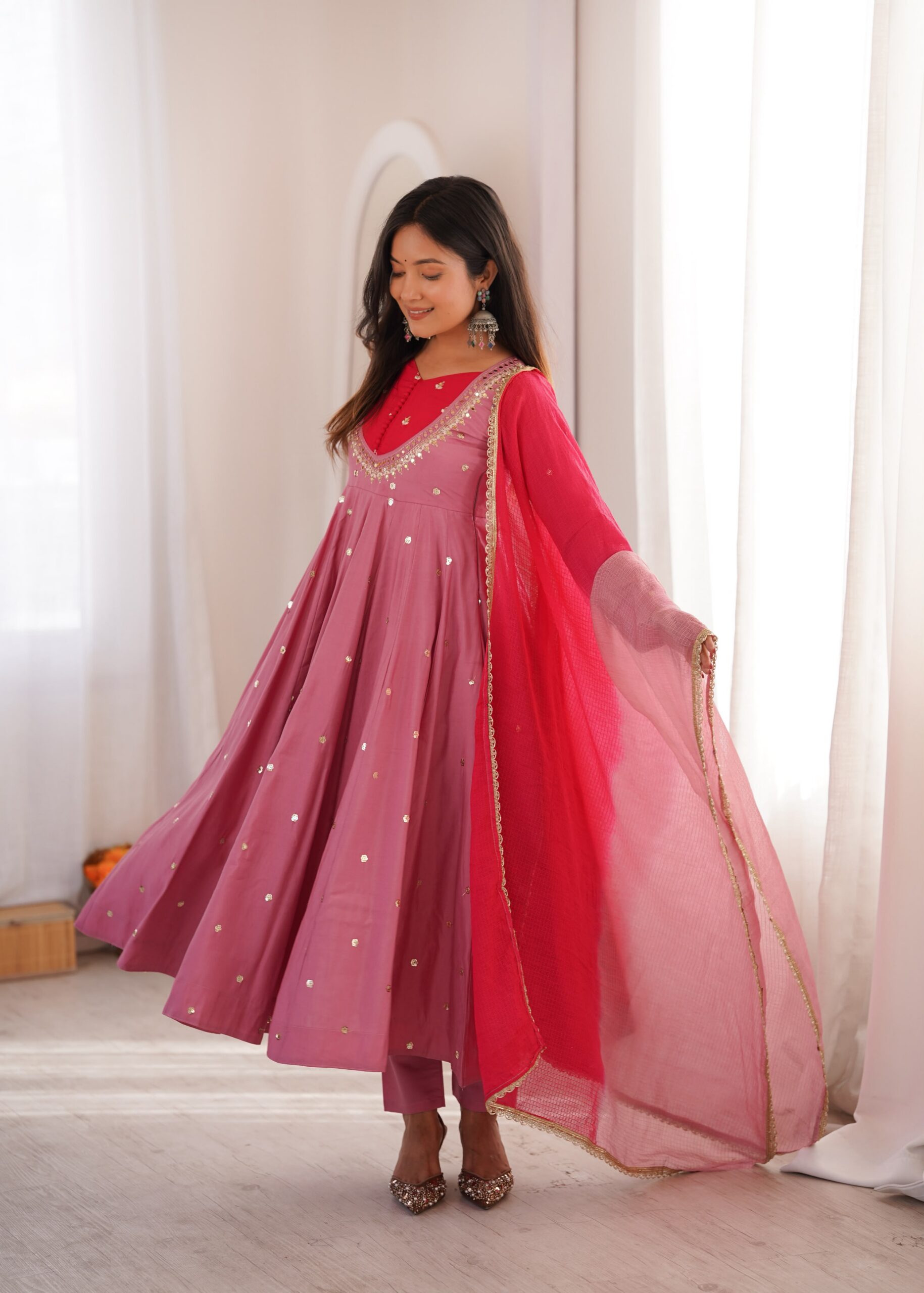 ZF 5023 Pink Roman Silk Gown with Mirror Work & Embroidery Work. Special Price ₹2099. Delivery 4-6 Working Days. Shop now. | Gowns, Bollywood Gowns, Creative Gowns, Designer Gowns, Embroidered Gowns, Party Wear Gowns