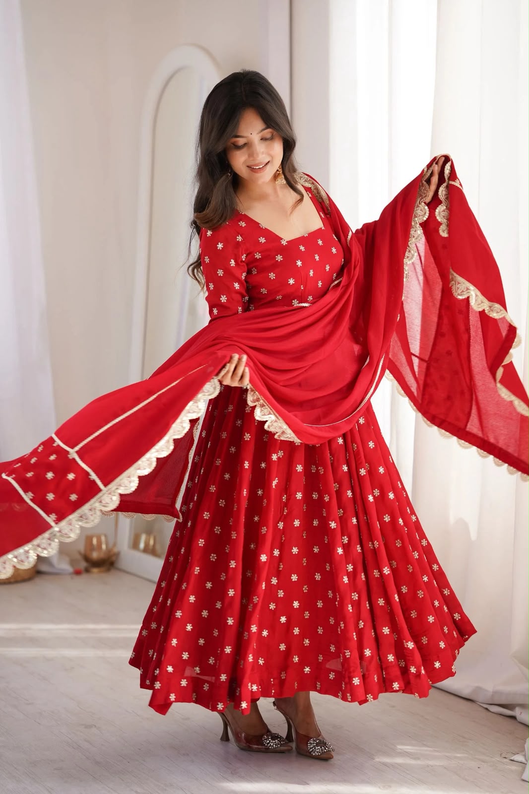 MF 534 Red Zari Work & Embroidery Work Salwar Suit in Red Chinon Silk. Grab it for ₹2499. Delivery 4-6 Working Days. Shop now. | Anarkali Suits, Bollywood Anarkali, Creative-Anarkali, Designer Anarkali, Embroidered Anarkali, Party Wear Anarkali, Salwar suit