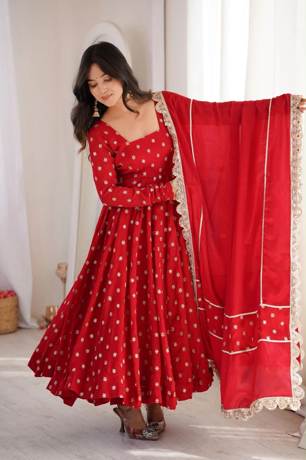 MF 534 Red Zari Work & Embroidery Work Salwar Suit in Red Chinon Silk. Grab it for ₹2499. Delivery 4-6 Working Days. Shop now. | Anarkali Suits, Bollywood Anarkali, Creative-Anarkali, Designer Anarkali, Embroidered Anarkali, Party Wear Anarkali, Salwar suit