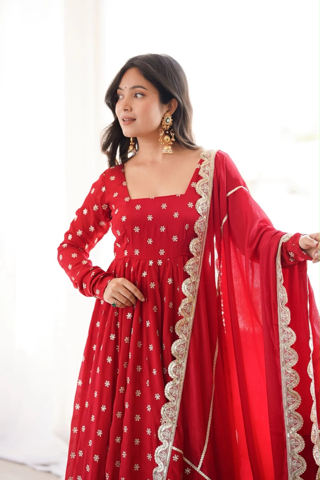 MF 534 Red Zari Work & Embroidery Work Salwar Suit in Red Chinon Silk. Grab it for ₹2499. Delivery 4-6 Working Days. Shop now. | Anarkali Suits, Bollywood Anarkali, Creative-Anarkali, Designer Anarkali, Embroidered Anarkali, Party Wear Anarkali, Salwar suit