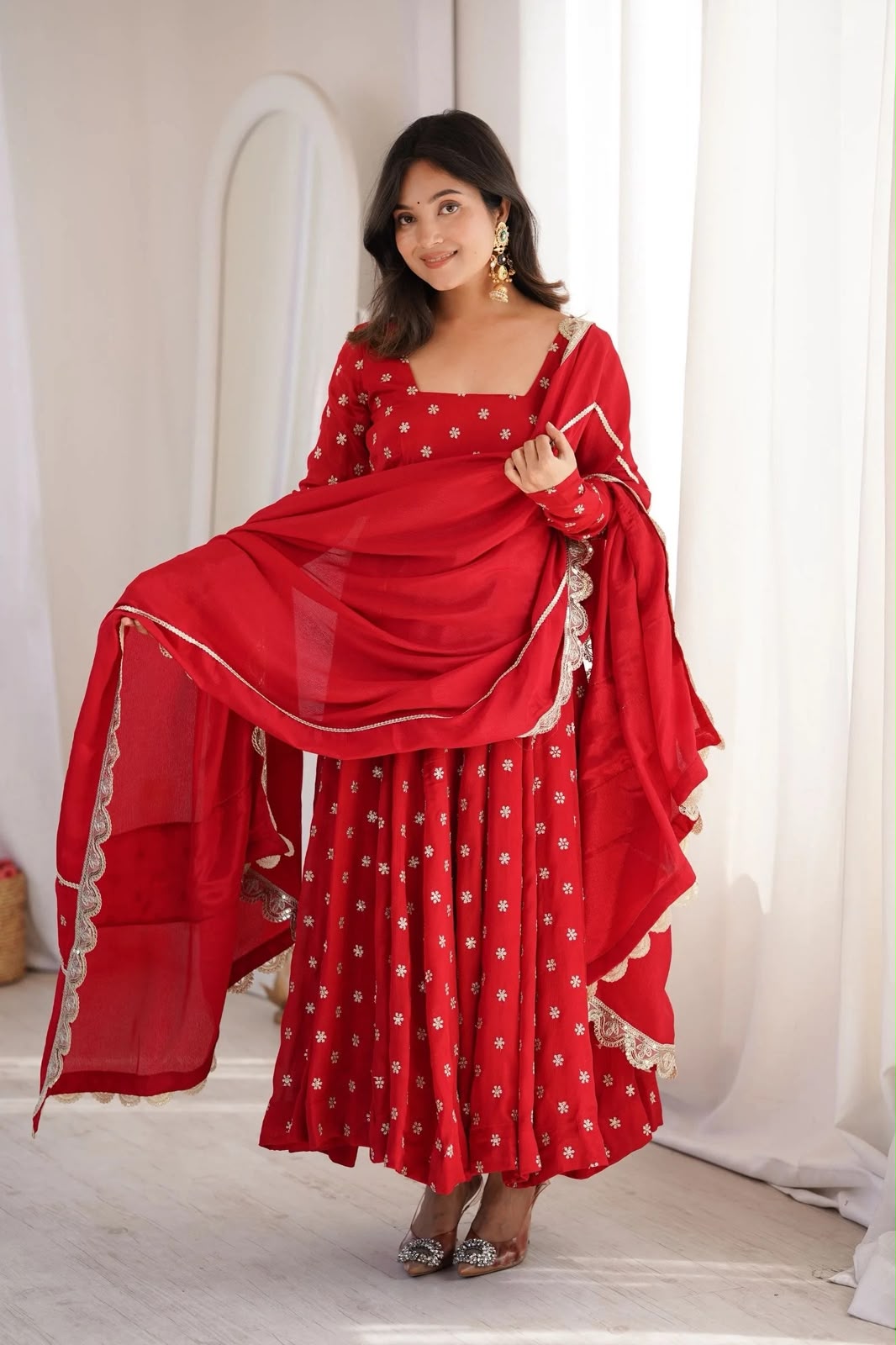 MF 534 Red Zari Work & Embroidery Work Salwar Suit in Red Chinon Silk. Grab it for ₹2499. Delivery 4-6 Working Days. Shop now. | Anarkali Suits, Bollywood Anarkali, Creative-Anarkali, Designer Anarkali, Embroidered Anarkali, Party Wear Anarkali, Salwar suit