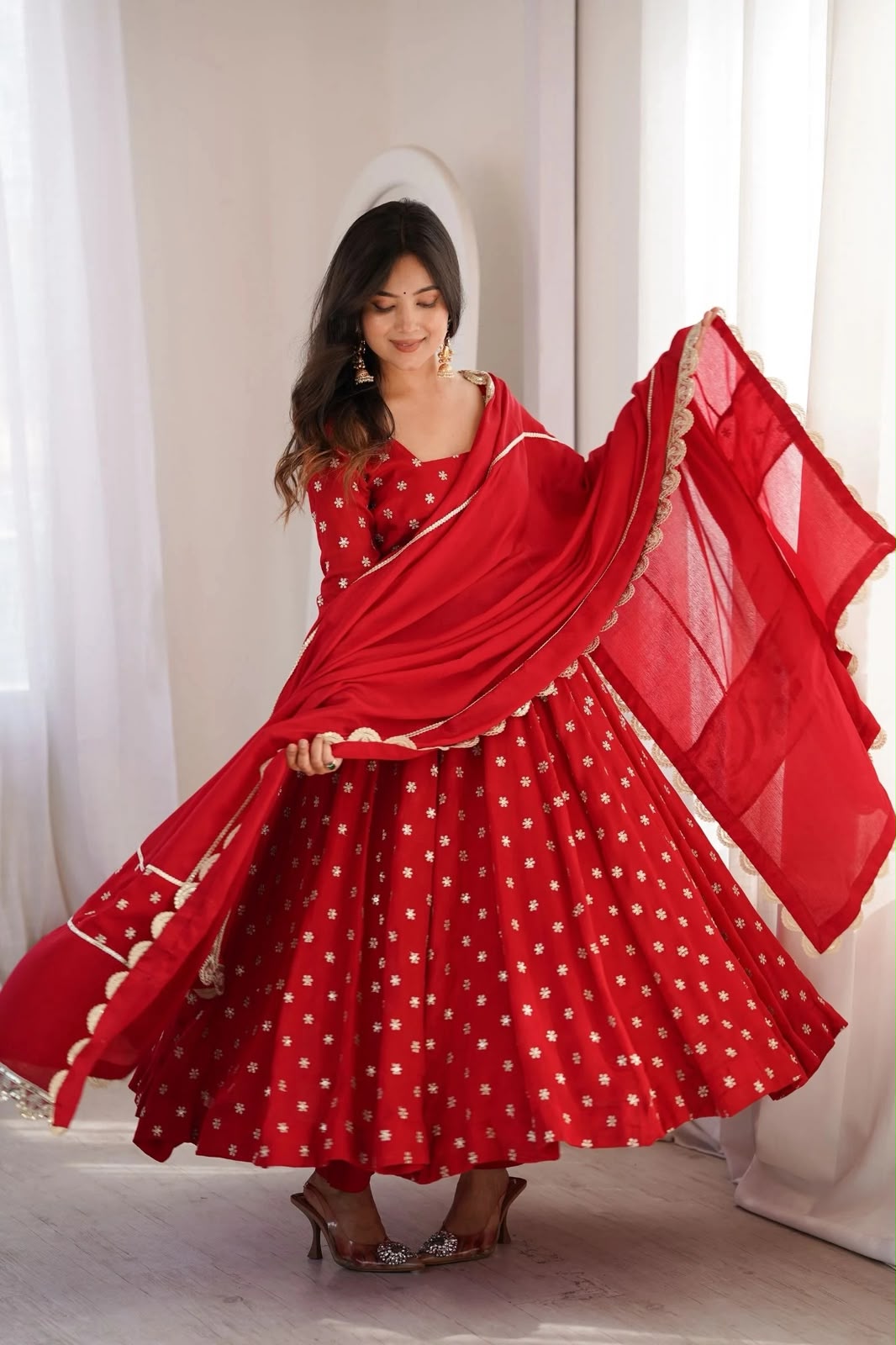MF 534 Red Zari Work & Embroidery Work Salwar Suit in Red Chinon Silk. Grab it for ₹2499. Delivery 4-6 Working Days. Shop now. | Anarkali Suits, Bollywood Anarkali, Creative-Anarkali, Designer Anarkali, Embroidered Anarkali, Party Wear Anarkali, Salwar suit