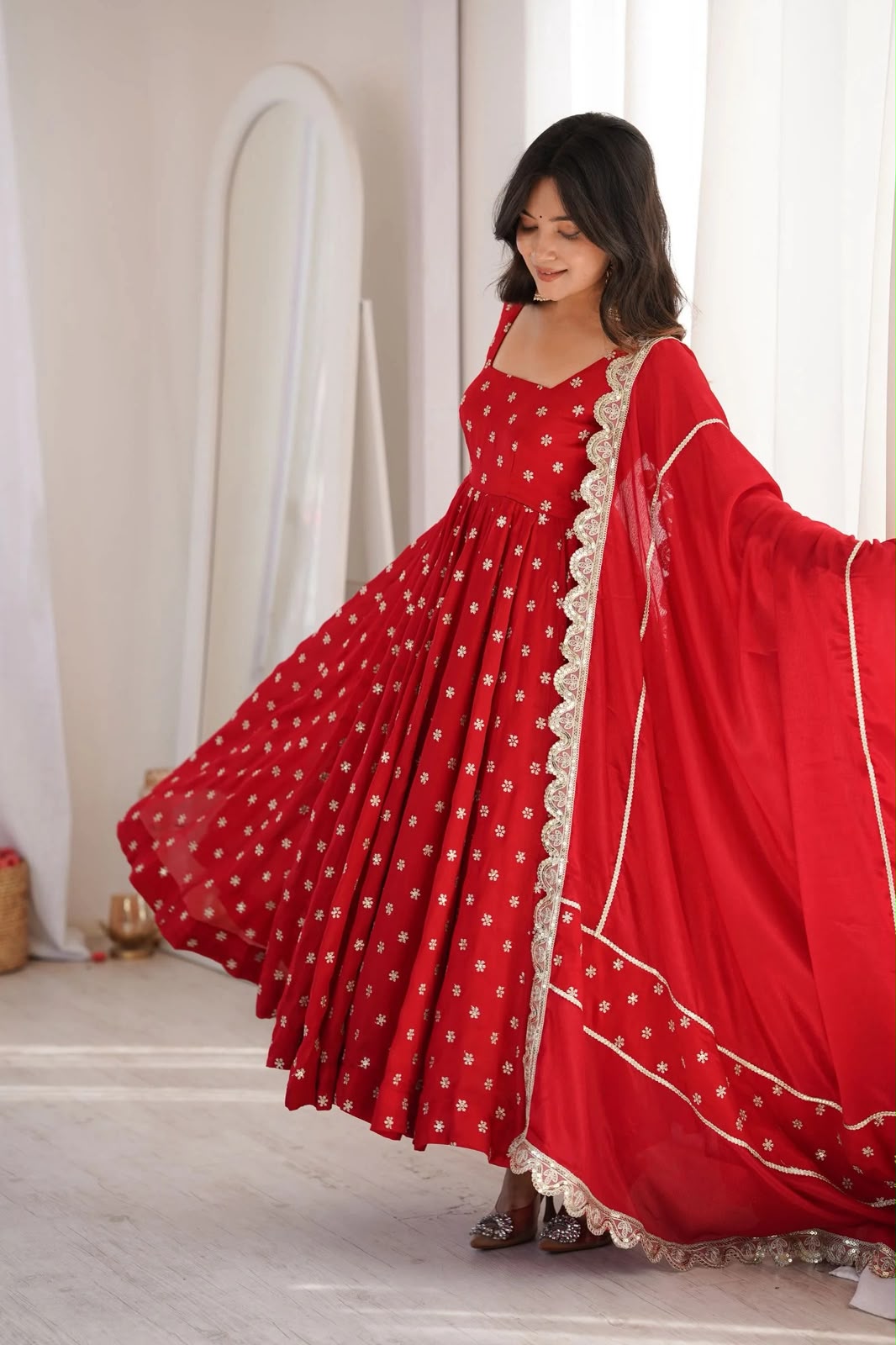 MF 534 Red Zari Work & Embroidery Work Salwar Suit in Red Chinon Silk. Grab it for ₹2499. Delivery 4-6 Working Days. Shop now. | Anarkali Suits, Bollywood Anarkali, Creative-Anarkali, Designer Anarkali, Embroidered Anarkali, Party Wear Anarkali, Salwar suit