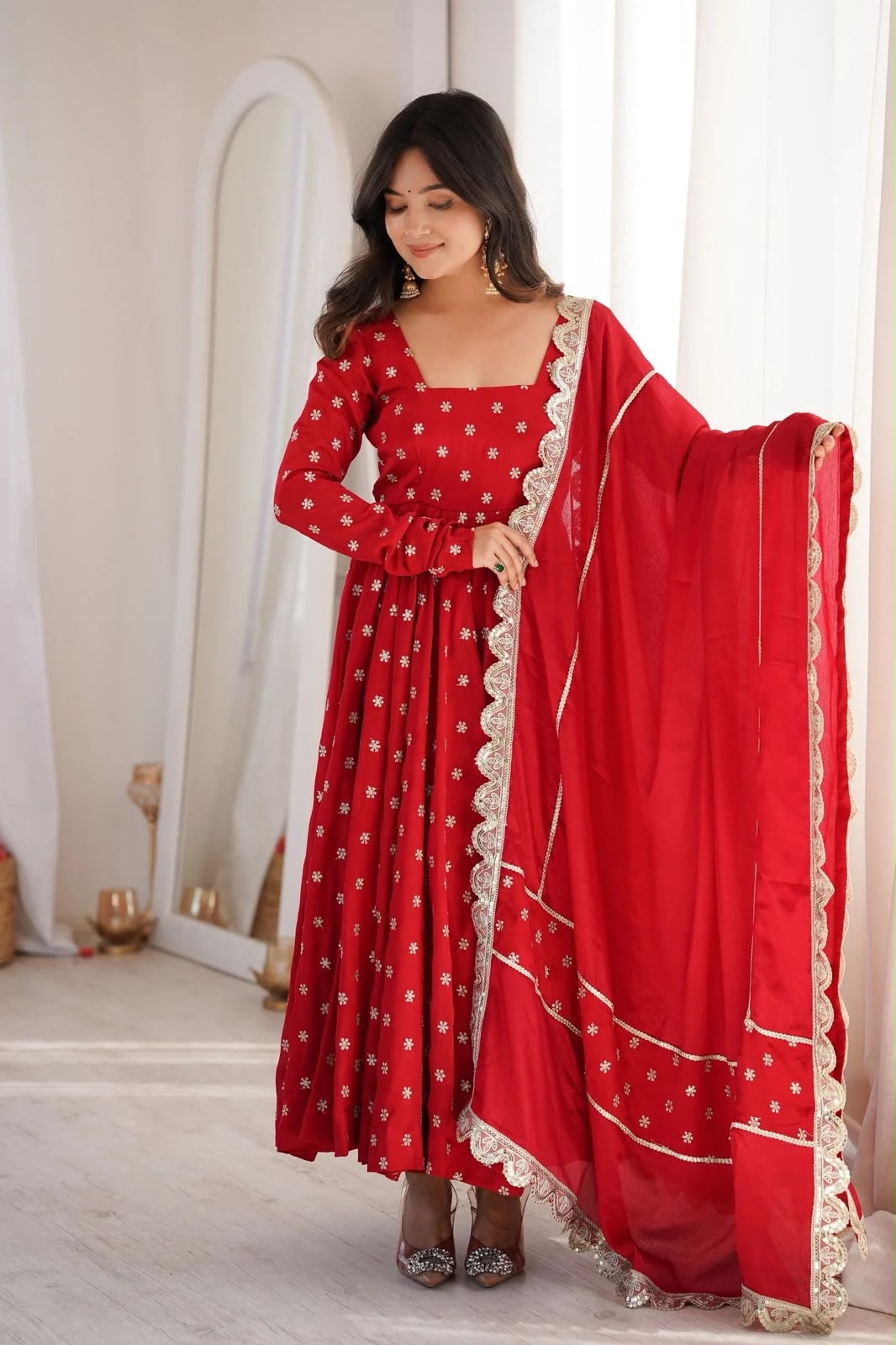 MF 534 Red Zari Work & Embroidery Work Salwar Suit in Red Chinon Silk. Grab it for ₹2499. Delivery 4-6 Working Days. Shop now. | Anarkali Suits, Bollywood Anarkali, Creative-Anarkali, Designer Anarkali, Embroidered Anarkali, Party Wear Anarkali, Salwar suit