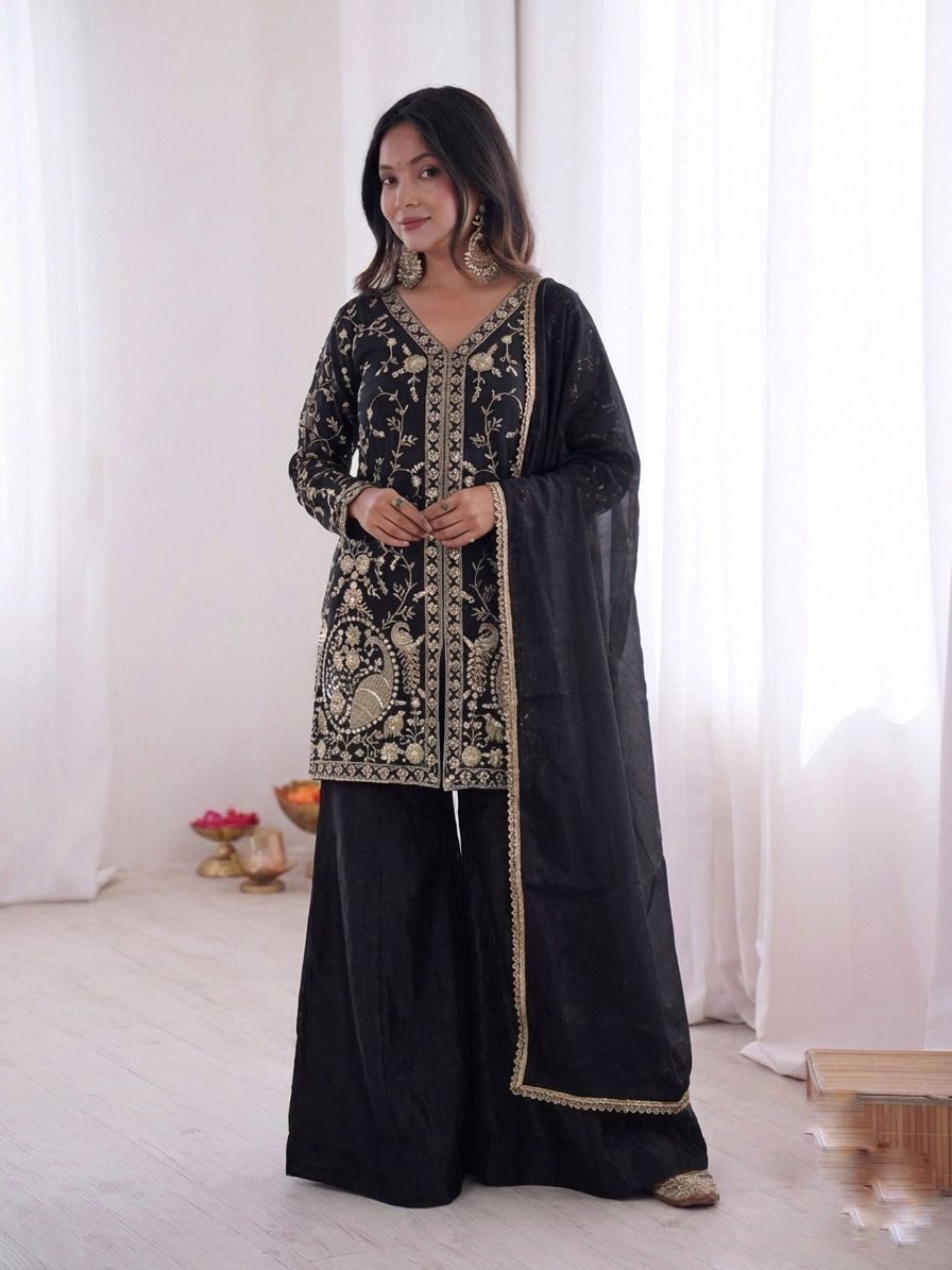 JF 043 Black Pure Fendy Silk Salwar Suitwith Embroidery Work & Sequins Work. Exclusive Offer ₹1940. Delivery 4-6 Working Days. Shop now. | Jump Suits, Salwar suit, Casual Suits, Creative suits, Designer Suits, Palazzo Suits, Party Wear Suits, Patiala Suits, Straight Suits