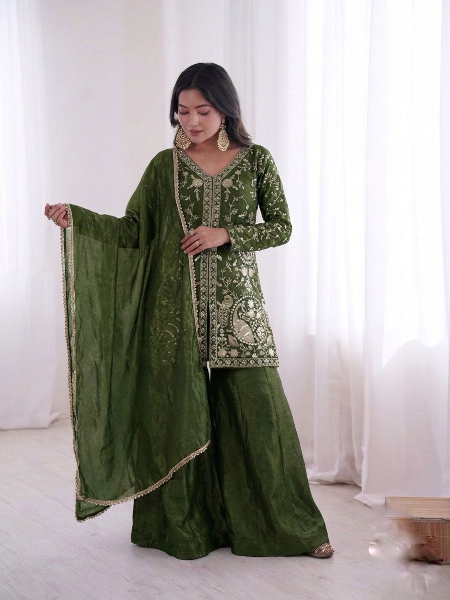 JF 043 Green Pure Fendy Silk Salwar Suitwith Embroidery Work & Sequins Work. Exclusive Offer ₹1940. Delivery 4-6 Working Days. Shop now. | Jump Suits, Salwar suit, Casual Suits, Creative suits, Designer Suits, Palazzo Suits, Party Wear Suits, Patiala Suits, Straight Suits