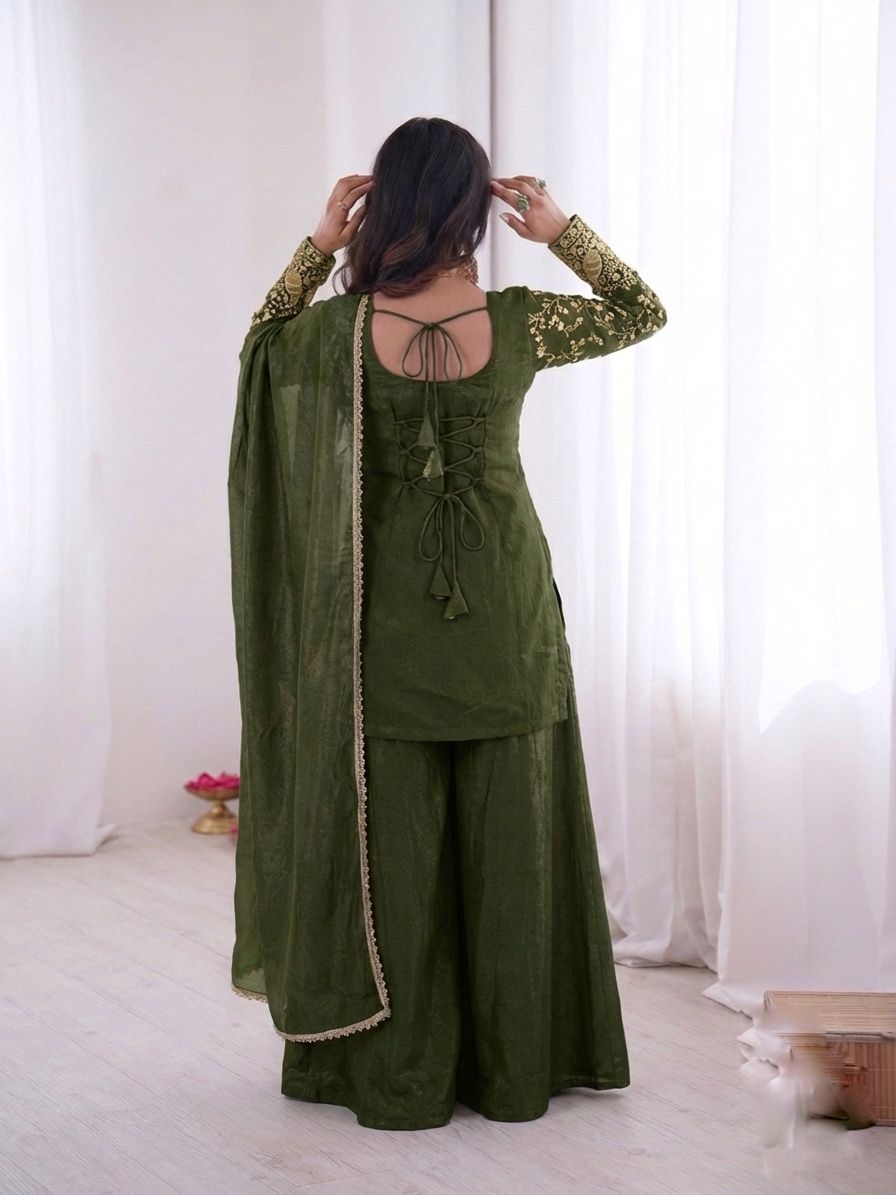 JF 043 Green Pure Fendy Silk Salwar Suitwith Embroidery Work & Sequins Work. Exclusive Offer ₹1940. Delivery 4-6 Working Days. Shop now. | Jump Suits, Salwar suit, Casual Suits, Creative suits, Designer Suits, Palazzo Suits, Party Wear Suits, Patiala Suits, Straight Suits