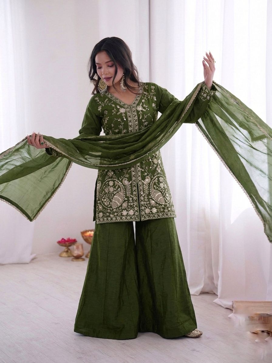 JF 043 Green Pure Fendy Silk Salwar Suitwith Embroidery Work & Sequins Work. Exclusive Offer ₹1940. Delivery 4-6 Working Days. Shop now. | Jump Suits, Salwar suit, Casual Suits, Creative suits, Designer Suits, Palazzo Suits, Party Wear Suits, Patiala Suits, Straight Suits
