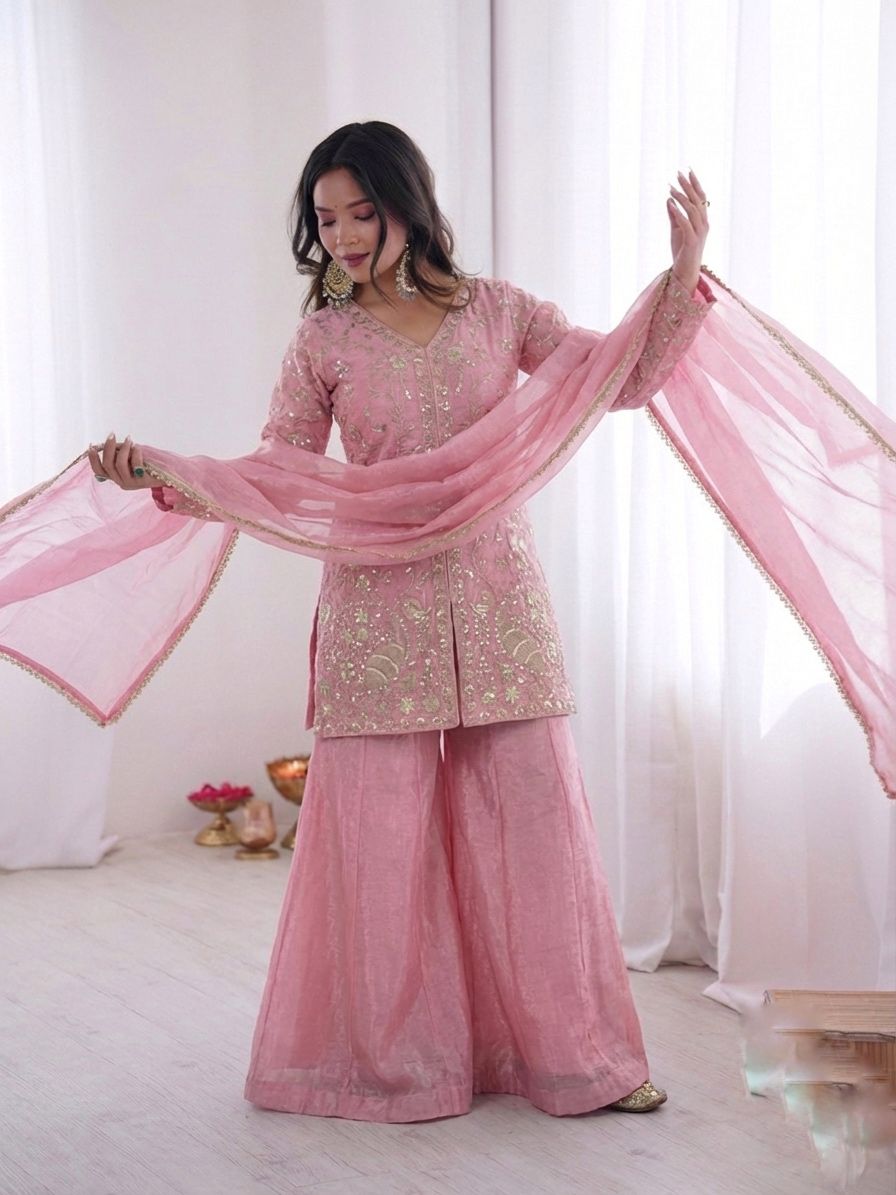JF 043 Light Pink Pure Fendy Silk Salwar Suitwith Embroidery Work & Sequins Work. Exclusive Offer ₹1940. Delivery 4-6 Working Days. Shop now. | Jump Suits, Salwar suit, Casual Suits, Creative suits, Designer Suits, Palazzo Suits, Party Wear Suits, Patiala Suits, Straight Suits
