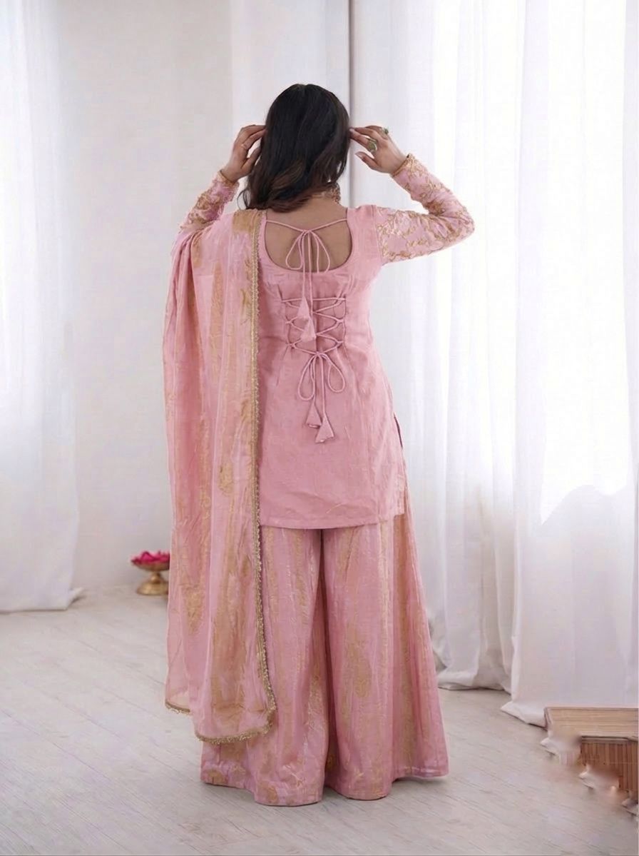JF 043 Light Pink Pure Fendy Silk Salwar Suitwith Embroidery Work & Sequins Work. Exclusive Offer ₹1940. Delivery 4-6 Working Days. Shop now. | Jump Suits, Salwar suit, Casual Suits, Creative suits, Designer Suits, Palazzo Suits, Party Wear Suits, Patiala Suits, Straight Suits
