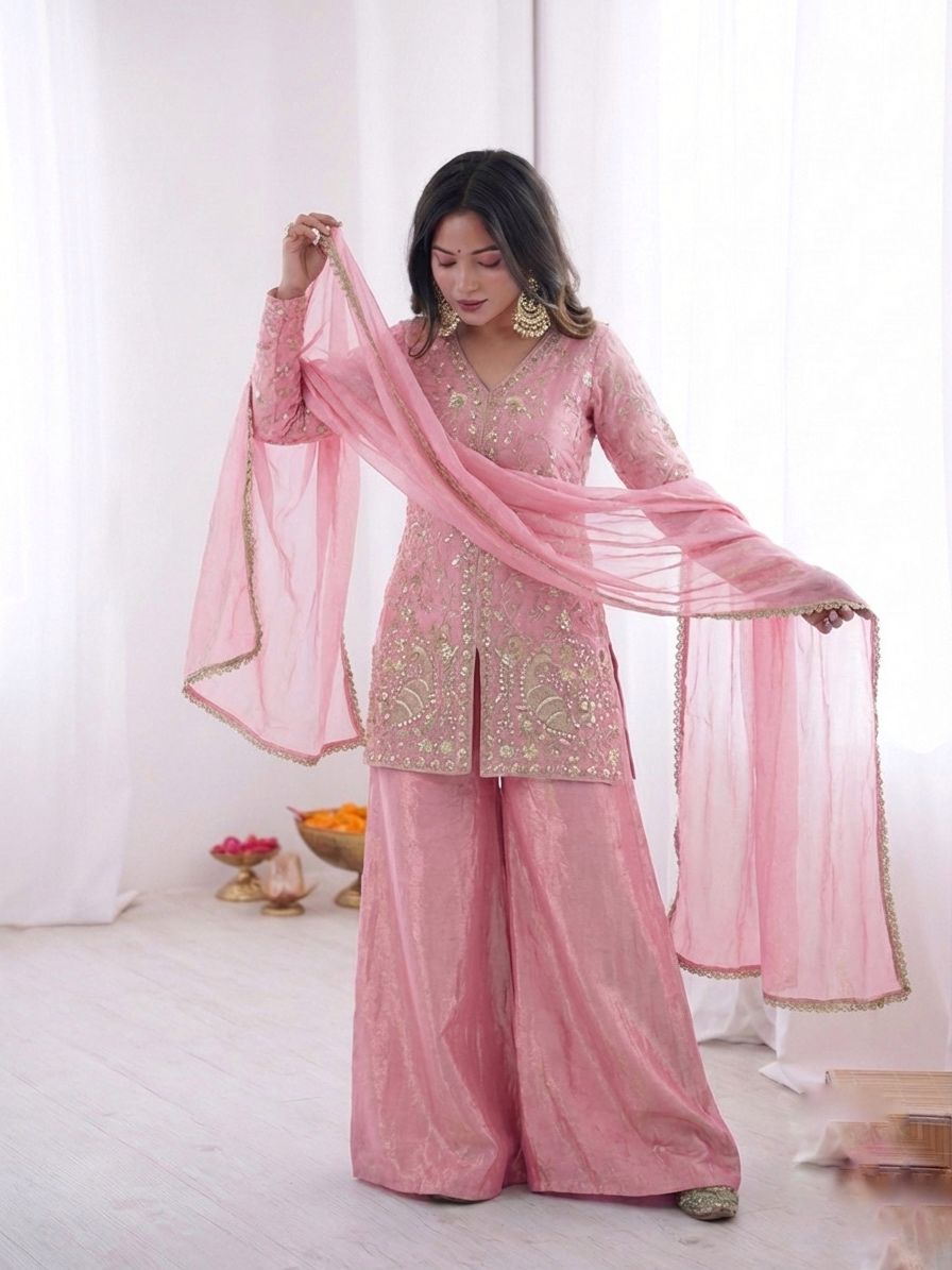 JF 043 Light Pink Pure Fendy Silk Salwar Suitwith Embroidery Work & Sequins Work. Exclusive Offer ₹1940. Delivery 4-6 Working Days. Shop now. | Jump Suits, Salwar suit, Casual Suits, Creative suits, Designer Suits, Palazzo Suits, Party Wear Suits, Patiala Suits, Straight Suits