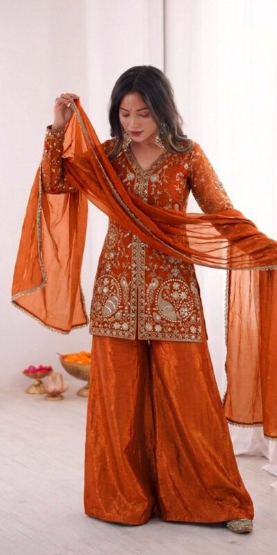 JF 043 Orange Pure Fendy Silk Salwar Suitwith Embroidery Work & Sequins Work. Exclusive Offer ₹1940. Delivery 4-6 Working Days. Shop now. | Jump Suits, Salwar suit, Casual Suits, Creative suits, Designer Suits, Palazzo Suits, Party Wear Suits, Patiala Suits, Straight Suits
