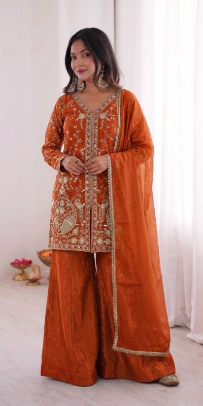 JF 043 Orange Pure Fendy Silk Salwar Suitwith Embroidery Work & Sequins Work. Exclusive Offer ₹1940. Delivery 4-6 Working Days. Shop now. | Jump Suits, Salwar suit, Casual Suits, Creative suits, Designer Suits, Palazzo Suits, Party Wear Suits, Patiala Suits, Straight Suits