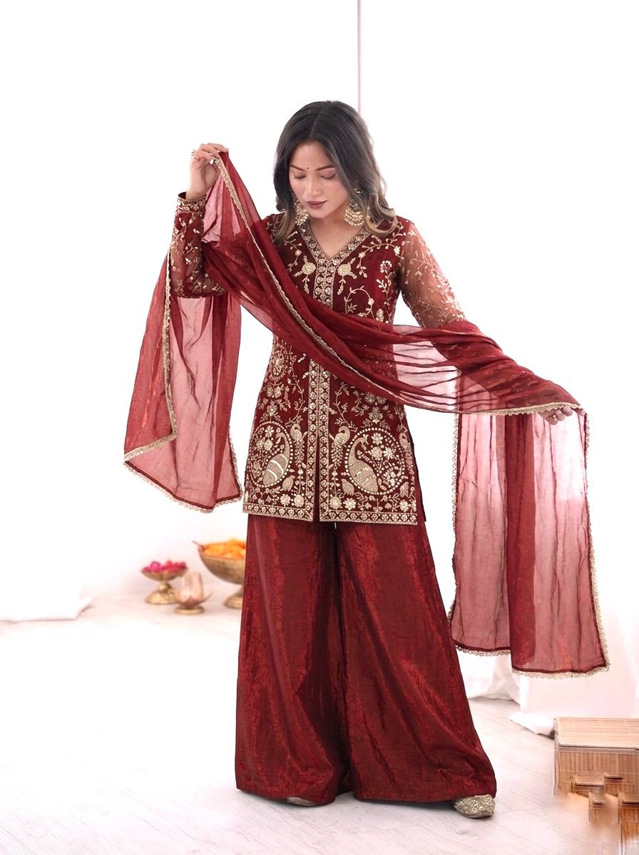 JF 043 Rust Pure Fendy Silk Salwar Suitwith Embroidery Work & Sequins Work. Exclusive Offer ₹1940. Delivery 4-6 Working Days. Shop now. | Jump Suits, Salwar suit, Casual Suits, Creative suits, Designer Suits, Palazzo Suits, Party Wear Suits, Patiala Suits, Straight Suits