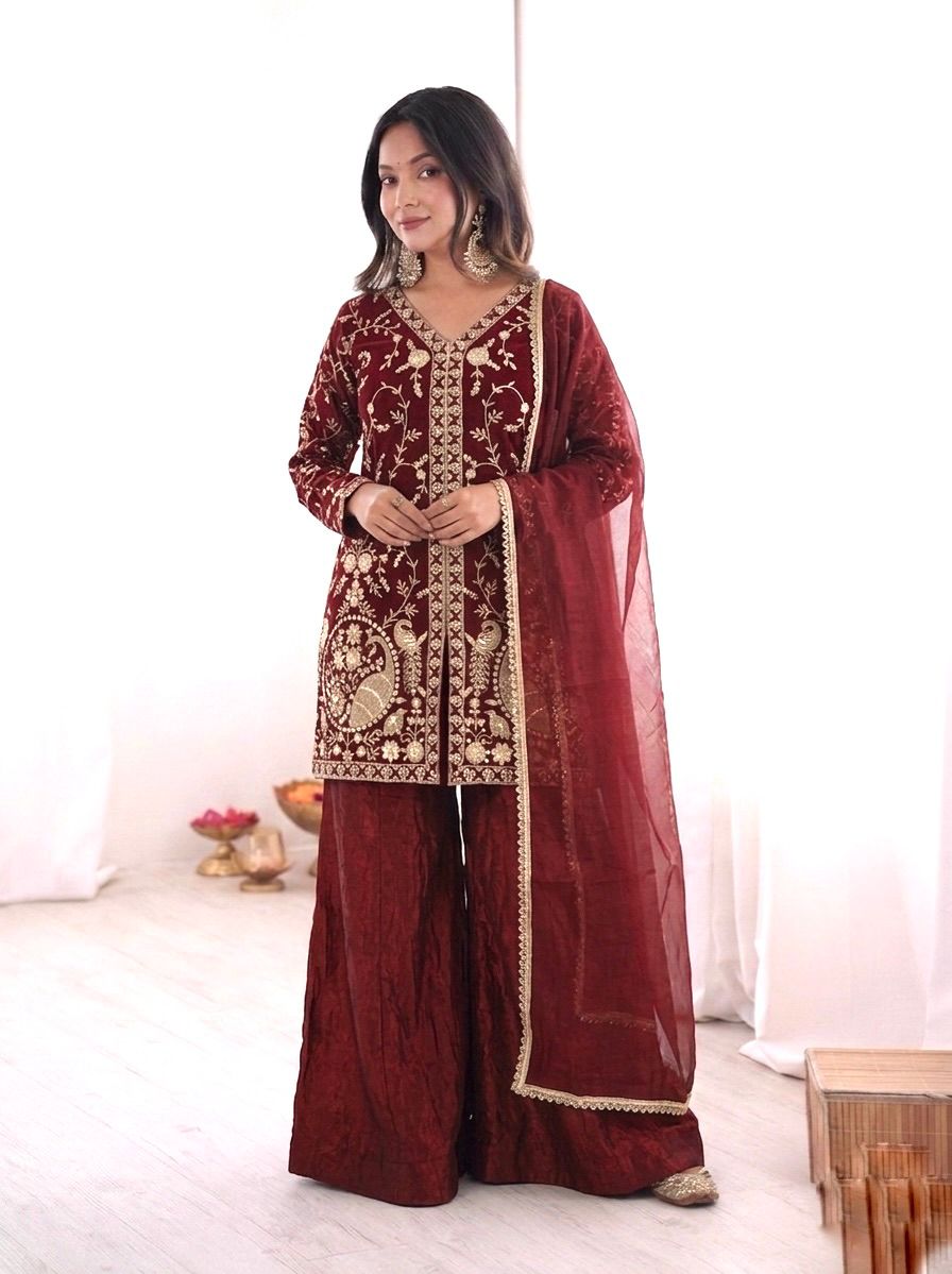 JF 043 Rust Pure Fendy Silk Salwar Suitwith Embroidery Work & Sequins Work. Exclusive Offer ₹1940. Delivery 4-6 Working Days. Shop now. | Jump Suits, Salwar suit, Casual Suits, Creative suits, Designer Suits, Palazzo Suits, Party Wear Suits, Patiala Suits, Straight Suits