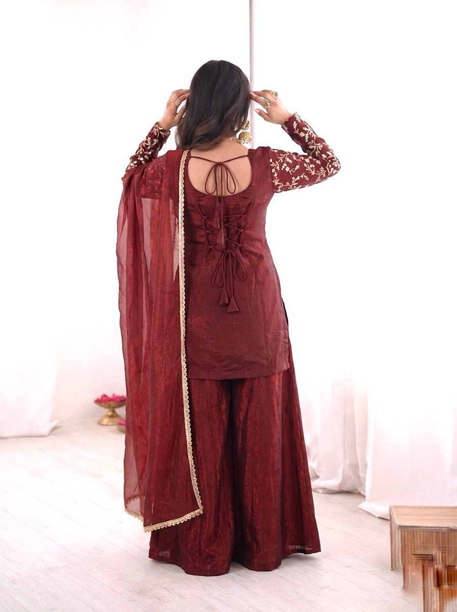 JF 043 Rust Pure Fendy Silk Salwar Suitwith Embroidery Work & Sequins Work. Exclusive Offer ₹1940. Delivery 4-6 Working Days. Shop now. | Jump Suits, Salwar suit, Casual Suits, Creative suits, Designer Suits, Palazzo Suits, Party Wear Suits, Patiala Suits, Straight Suits
